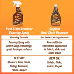 Comparison chart graphic showing Whink foaming spray bottle and original rust stain remover with usage and best-on recommendations.