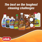 Promotional graphic showing a lineup of Whink cleaning products including the Rust Stain Remover on a brown background.