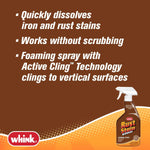 Informational graphic on a brown background showing product benefits with a small image of Whink Rust Stain Remover bottle.
