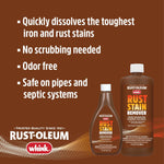 Brown infographic panel listing benefits of Rust-Oleum Whink Rust Stain Remover with images of two bottle sizes