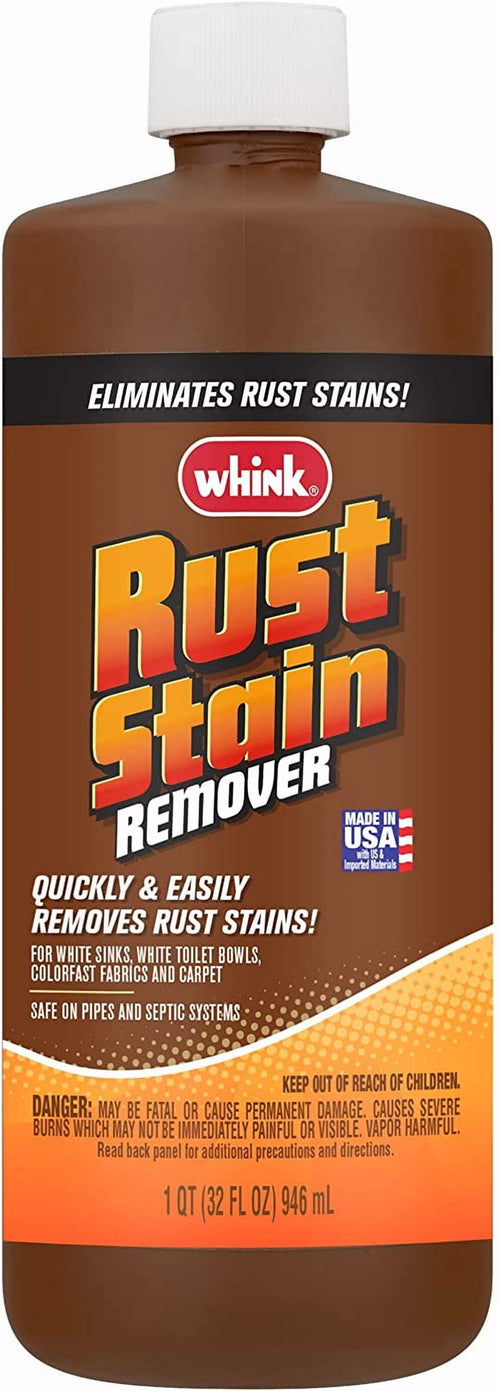 Close-up of a Whink Rust Stain Remover brown bottle label reading 'Rust Stain Remover' and safety warnings.