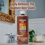 Whink Rust Stain Remover bottle displayed on a bathroom sink countertop with headline 'Easily Removes The Toughest Rust Stains'.