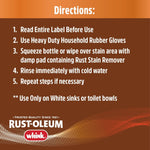 Directions panel for Rust-Oleum Whink Rust Stain Remover with numbered usage steps and safety note