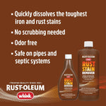 Feature graphic on brown background showing Whink and Rust-Oleum logos with two sizes of Rust Stain Remover and bulleted benefits.