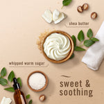Styled flatlay of whipped cream, shea butter pieces and salt labeled whipped warm sugar and shea butter
