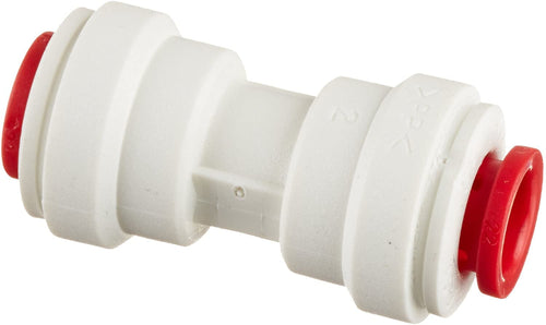 White plastic quick-connect inline water connector with red release collars, photographed on white background.