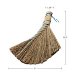 Straw whisk broom on white background with dimension callouts showing length and width measurements.