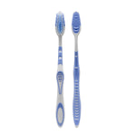Two white and blue manual toothbrushes shown upright to display contoured bristles and textured rubber grips