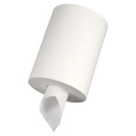 Single white center-pull paper towel roll shown at an angle with a short sheet dispensed from the core