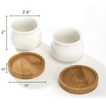 Two white ceramic jar pots and two round bamboo saucers displayed separately with measurement callouts for diameters and heights