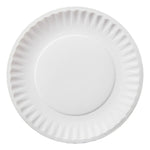 Single plain white coated paper plate photographed flat to show fluted rim and smooth center