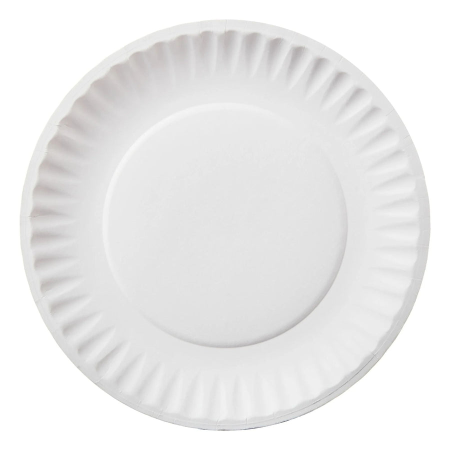 Single plain white coated paper plate photographed flat to show fluted rim and smooth center