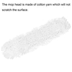 White cotton yarn mop head displayed with overlaid caption reading “The mop head is made of cotton yarn which will not scratch the surface.”