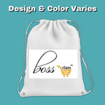 white drawstring bag with a boss class logo and the text design & color varies