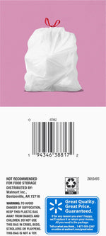 White tied drawstring trash bag on pink background with barcode panel and product warnings printed below