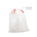 Full white drawstring trash bag with red ties and a label pointing to the drawstring closure on a white background