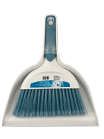 White upright dustpan with attached short-handled brush featuring blue bristles and blue grip