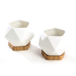 Pair of empty white geometric diamond-shaped ceramic planters each resting on a hexagonal bamboo tray