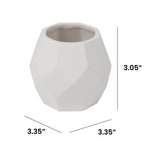 White faceted ceramic planter shown with dimensional measurement callouts: 3.05" height and 3.35" width values
