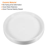 Top-down view of a white glazed ceramic plant saucer with text noting ceramic material benefits