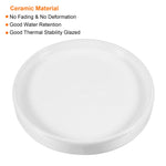 White glazed ceramic saucer with overlay text listing ceramic material benefits like good water retention