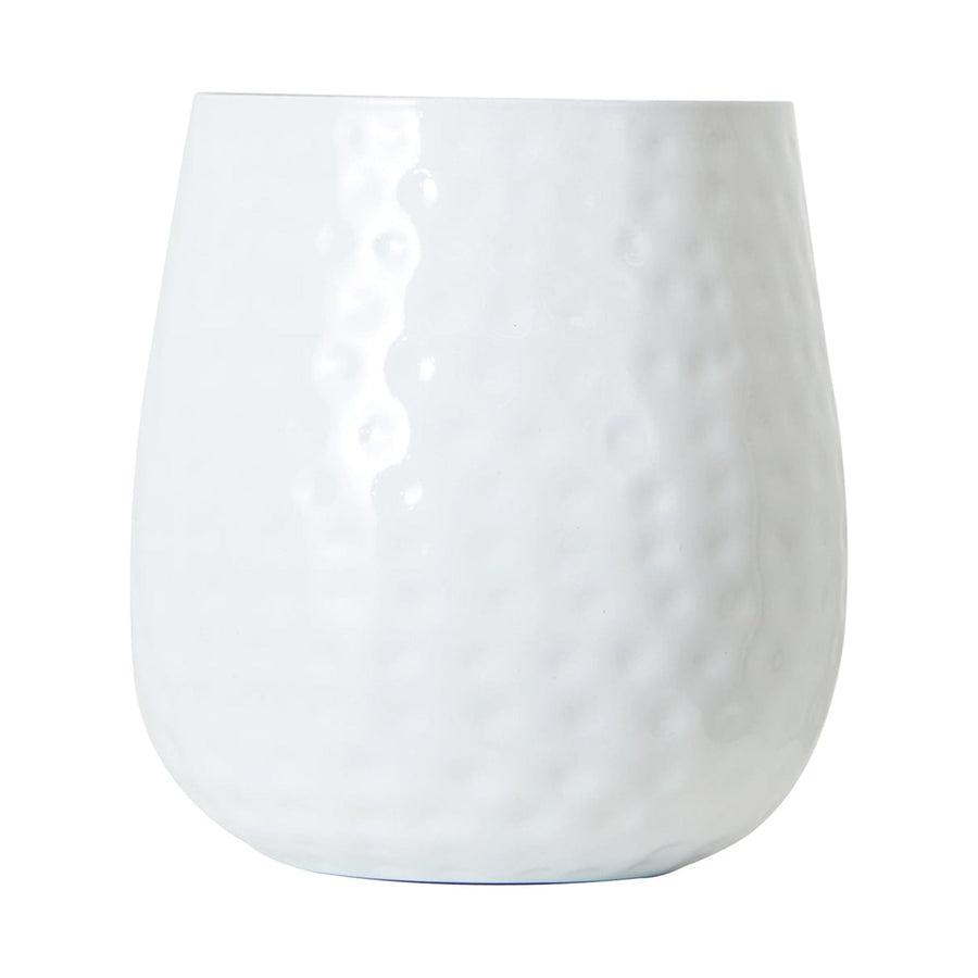 White hammered-texture oval iron planter with rounded base on white background