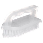 White plastic scrub brush with molded iron-style handle shown on white background at an angle