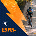 Cyclist riding on a dirt trail with a large White Lightning lightning-bolt graphic and the headline 'Bike Care Made Easy'