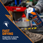Aerosol can spraying near a bike tire and chain area with White Lightning branding and 'Fast Drying' overlay text