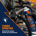 Gloved hand using a White Lightning Turbo aerosol to spray a bicycle drivetrain with overlay text 'Turbo Sprayer'