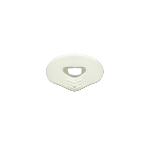 Solid white lip protector mouth guard shown flat-on with central breathing hole and chevron texture