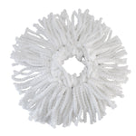 Circular white microfiber mop head viewed from above showing central opening and twisted strands.
