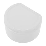 Closed white plastic orthodontic/retainer case with rounded teardrop shape on white background.