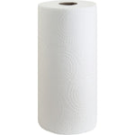 Vertical white paper towel roll showing embossed concentric circle pattern and cardboard core