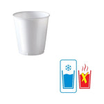 Single white plastic cup on a white background with icons below showing a cold drink allowed and a hot drink crossed out.