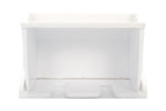 Empty white plastic pop-up toothbrush holder viewed from the front interior with slots at the base