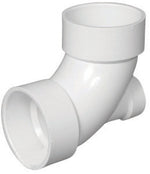 White PVC 45-degree plumbing elbow with three socket ends photographed on white background