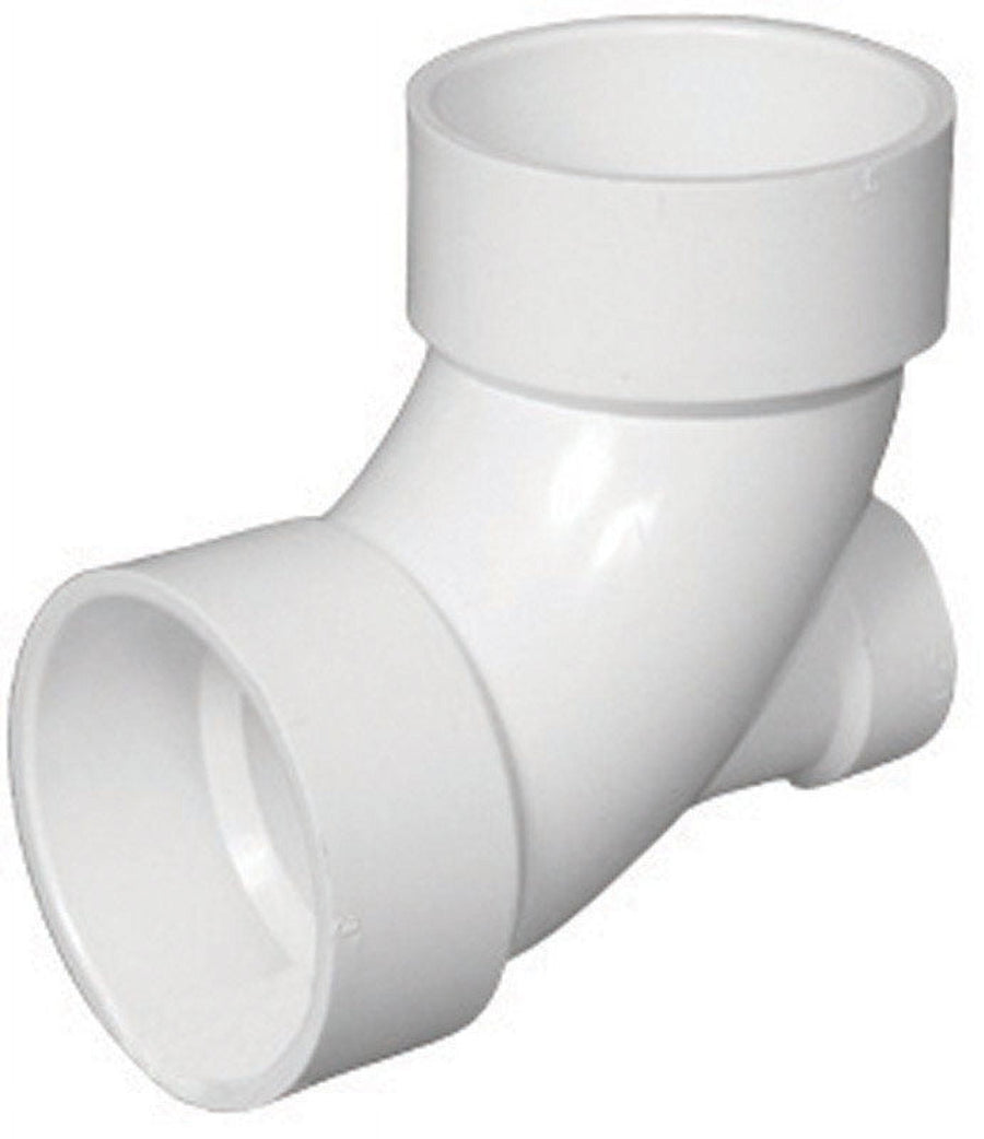 White PVC 45-degree plumbing elbow with three socket ends photographed on white background
