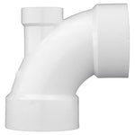 Side view of a white PVC 45-degree elbow pipe fitting showing two slip socket ends