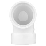 Front-facing view into the circular mouth of a white PVC plumbing elbow fitting