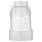 White PVC elbow plumbing fitting shown head-on, highlighting the curved body and sockets