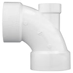 White PVC angled plumbing elbow with embossed brand marking visible on the socket