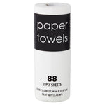Tall white paper towel roll with a black band label that says “paper towels” and “88 2-ply sheets”