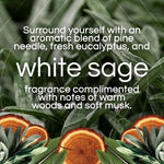 Graphic panel with close-up sage leaves and wood rings describing White Sage fragrance notes and warm woods and soft musk