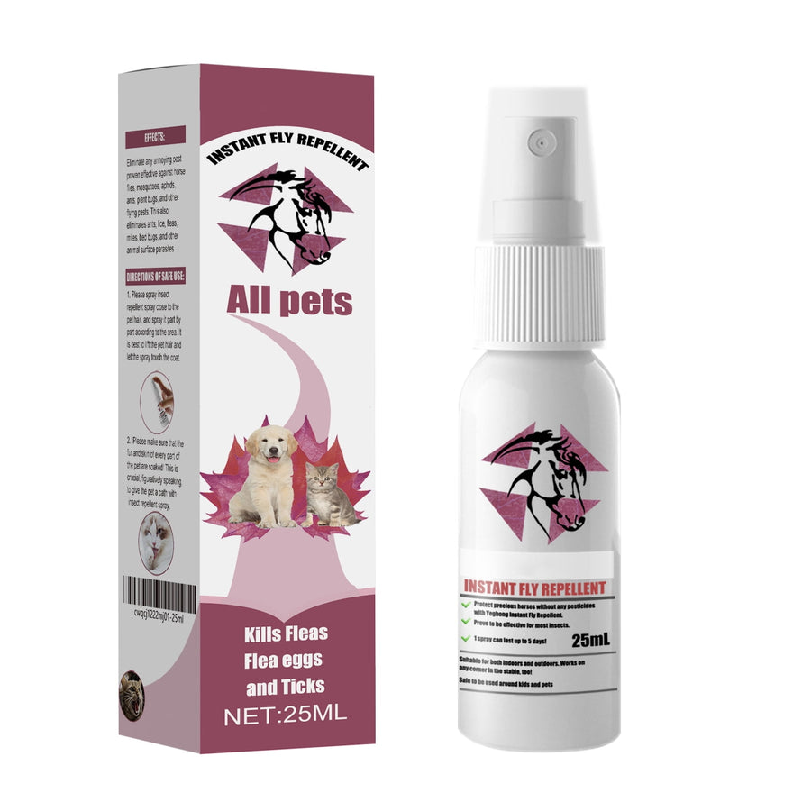 white spray bottle and box labeled instant fly repellent for all pets, 25 ml