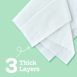 White tissue sheets fanned on a light green background with '3 Thick Layers' graphic