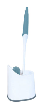 White toilet brush with teal handle insert standing in a white plastic caddy on white background