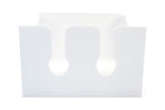 White plastic toothbrush dispenser showing front with three rounded cutouts for brush handles