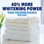 Stack of folded white towels on a bright surface with large text claiming '40% more whitening power' above