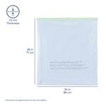 Flat white trash bag shown with dimensions marked 34 in by 28 in and a 1.0 mil thickness icon
